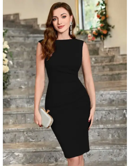 Kadın Sıfır Kol Yanlardan Büzgü Detaylı Ithal Krep Elbise