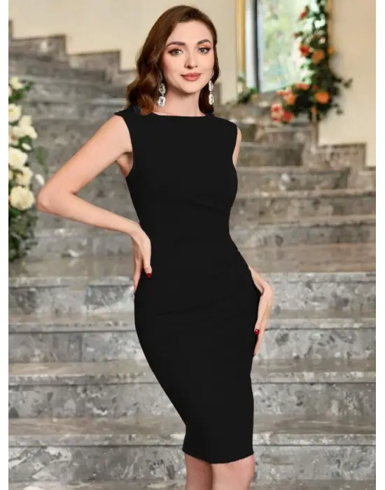 Kadın Sıfır Kol Yanlardan Büzgü Detaylı Ithal Krep Elbise