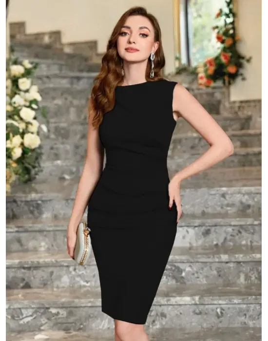 Kadın Sıfır Kol Yanlardan Büzgü Detaylı Ithal Krep Elbise