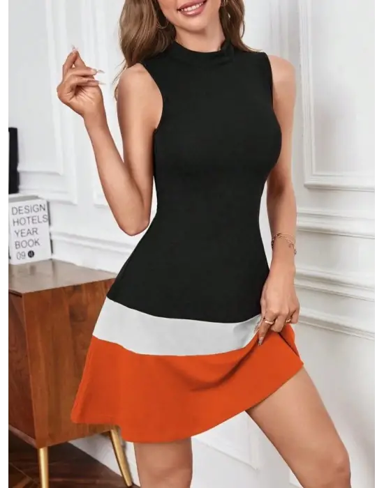 Kadın Sıfır Kol Yarı Balıkçı Yaka şerit Detaylı Ithal Krep Elbise