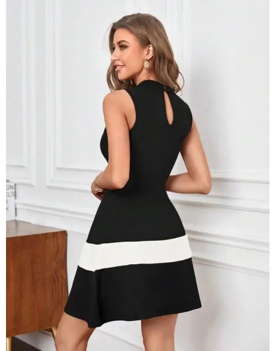 Kadın Sıfır Kol Yarı Balıkçı Yaka şerit Detaylı Ithal Krep Elbise