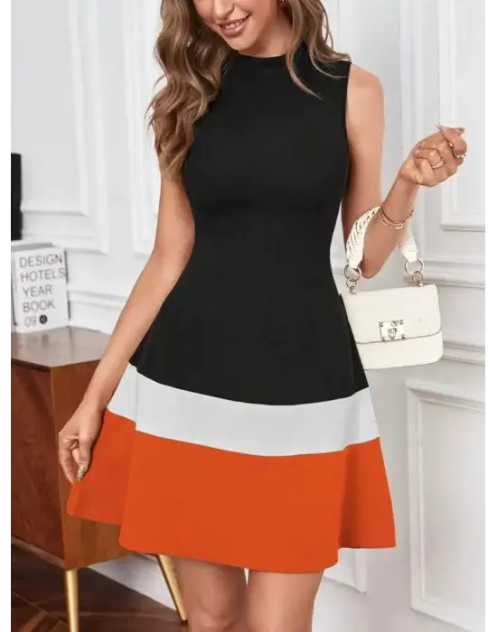 Kadın Sıfır Kol Yarı Balıkçı Yaka şerit Detaylı Ithal Krep Elbise