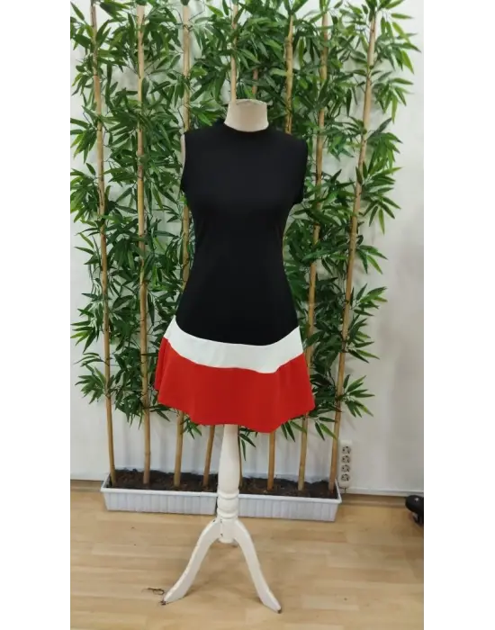 Kadın Sıfır Kol Yarı Balıkçı Yaka şerit Detaylı Ithal Krep Elbise