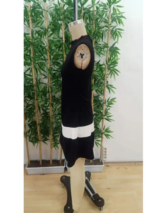 Kadın Sıfır Kol Yarı Balıkçı Yaka şerit Detaylı Ithal Krep Elbise