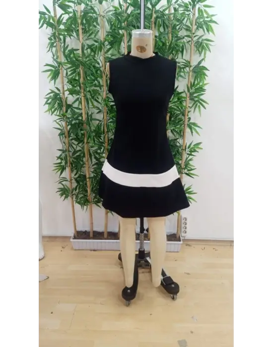 Kadın Sıfır Kol Yarı Balıkçı Yaka şerit Detaylı Ithal Krep Elbise