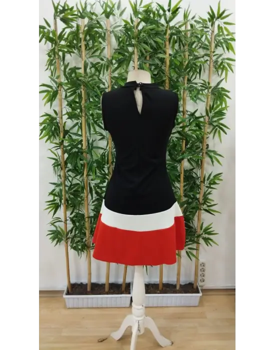 Kadın Sıfır Kol Yarı Balıkçı Yaka şerit Detaylı Ithal Krep Elbise