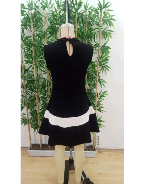 Kadın Sıfır Kol Yarı Balıkçı Yaka şerit Detaylı Ithal Krep Elbise