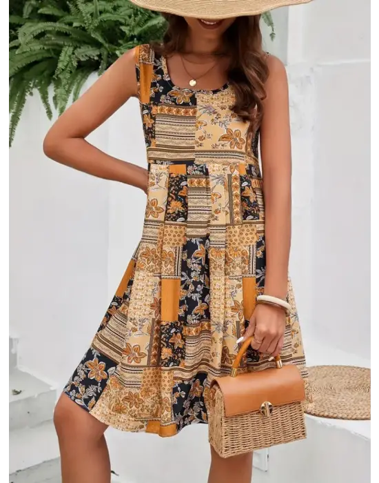 Kadın Sıfır Kol Yuvarlak Yaka çiçek Desenli Süprem Elbise