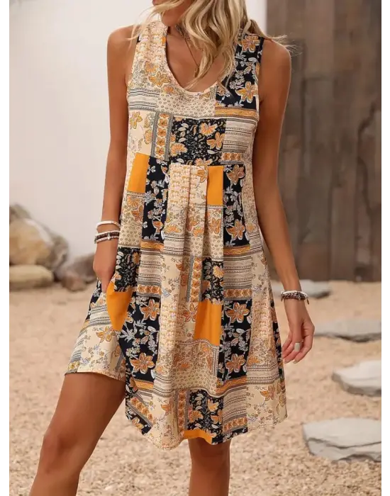 Kadın Sıfır Kol Yuvarlak Yaka çiçek Desenli Süprem Elbise