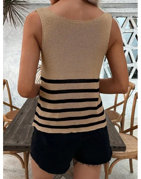 Kadın Sıfır Kol Yuvarlak Yaka şerit Detay Triko Bluz