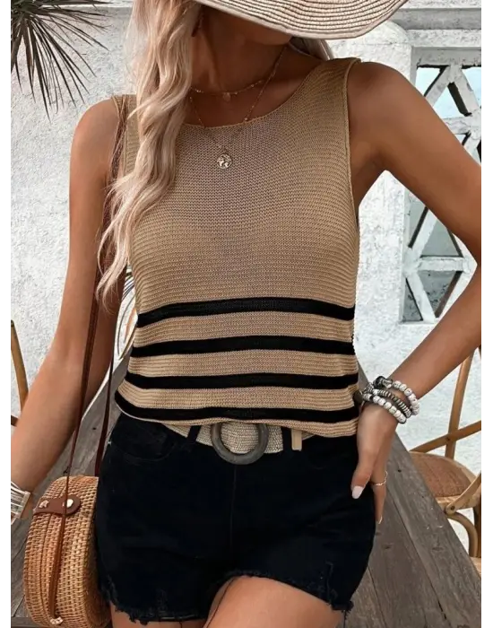 Kadın Sıfır Kol Yuvarlak Yaka şerit Detay Triko Bluz