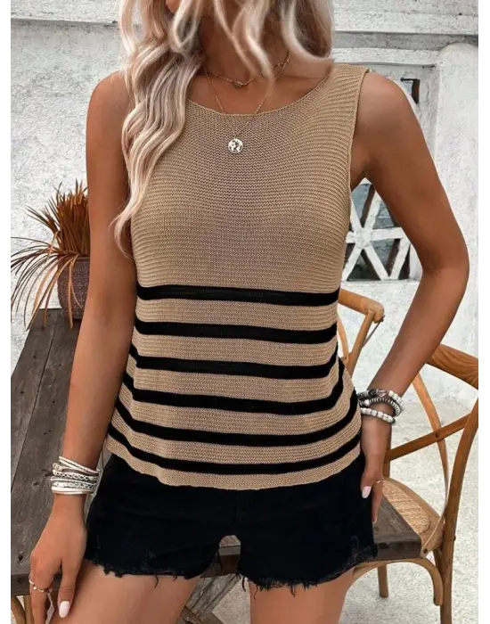 Kadın Sıfır Kol Yuvarlak Yaka şerit Detay Triko Bluz