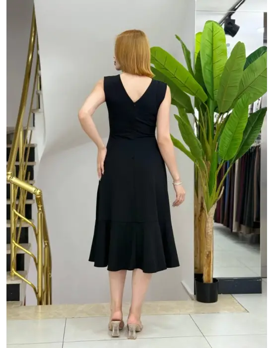 Kadın Sıfır Kollu Belden Büzgülü Eteği Volanlı Asimetrik Kesim Midi Janjan Krep Elbise