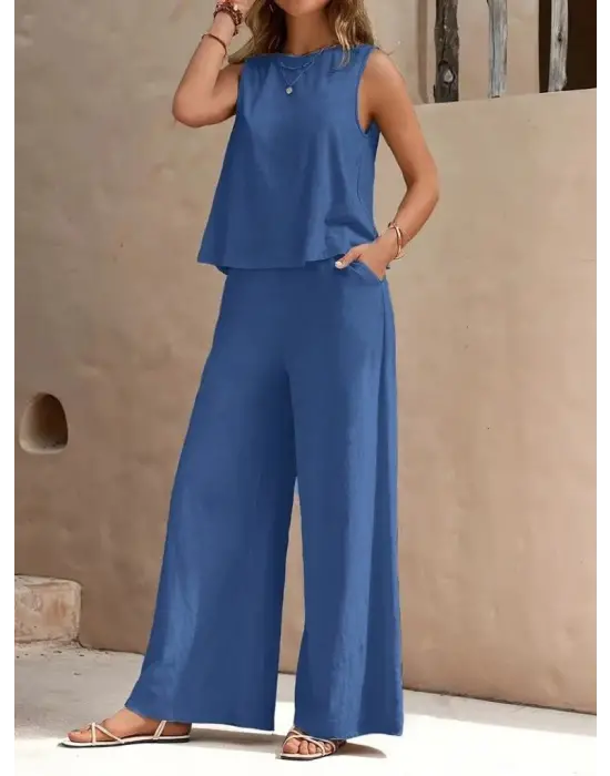 Kadın Sıfır Kollu Bisiklet Yaka Aerobin Bluz Ve Pantolon Ikili Takım