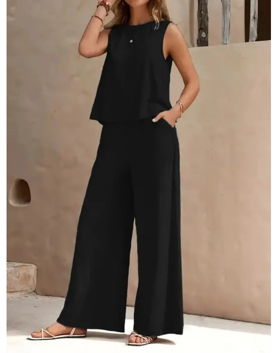 Kadın Sıfır Kollu Bisiklet Yaka Aerobin Bluz Ve Pantolon Ikili Takım