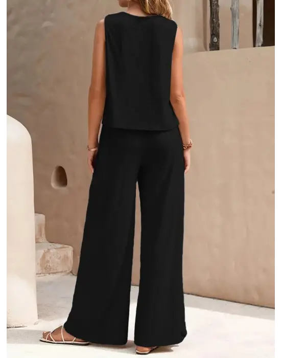 Kadın Sıfır Kollu Bisiklet Yaka Aerobin Bluz Ve Pantolon Ikili Takım