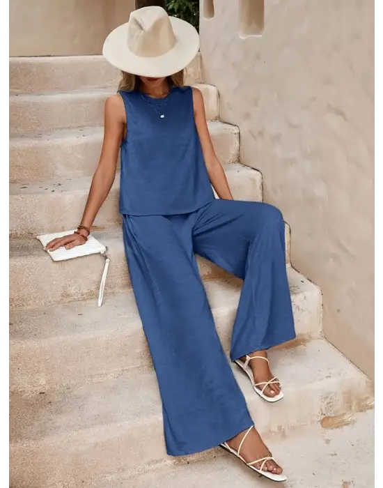 Kadın Sıfır Kollu Bisiklet Yaka Aerobin Bluz Ve Pantolon Ikili Takım