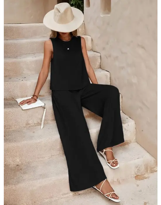 Kadın Sıfır Kollu Bisiklet Yaka Aerobin Bluz Ve Pantolon Ikili Takım