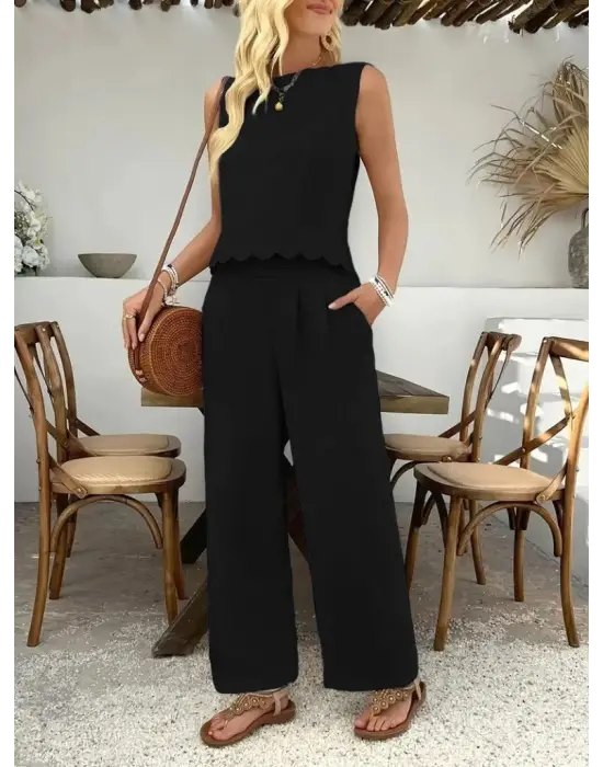 Kadın Sıfır Kollu Bisiklet Yaka Arkadan Bağlamalı Aer8bin Bluz Ve Pantolon Ikili Takım