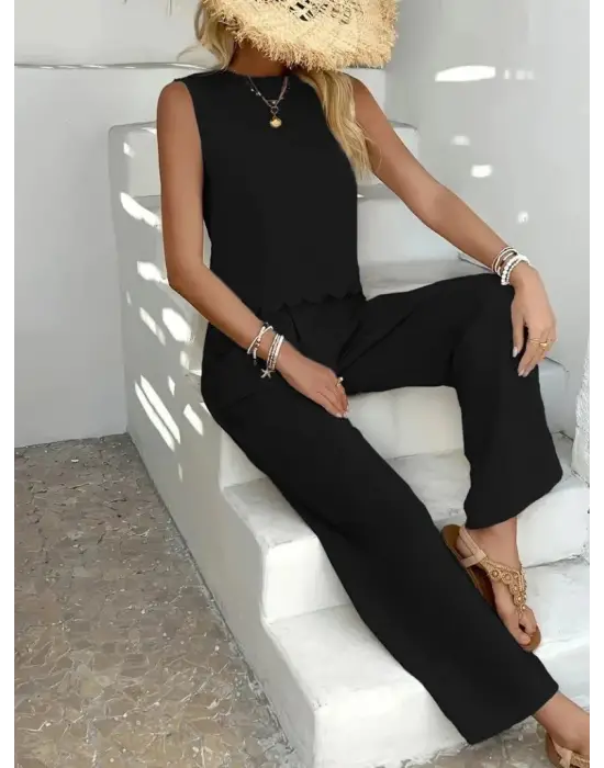 Kadın Sıfır Kollu Bisiklet Yaka Arkadan Bağlamalı Aer8bin Bluz Ve Pantolon Ikili Takım