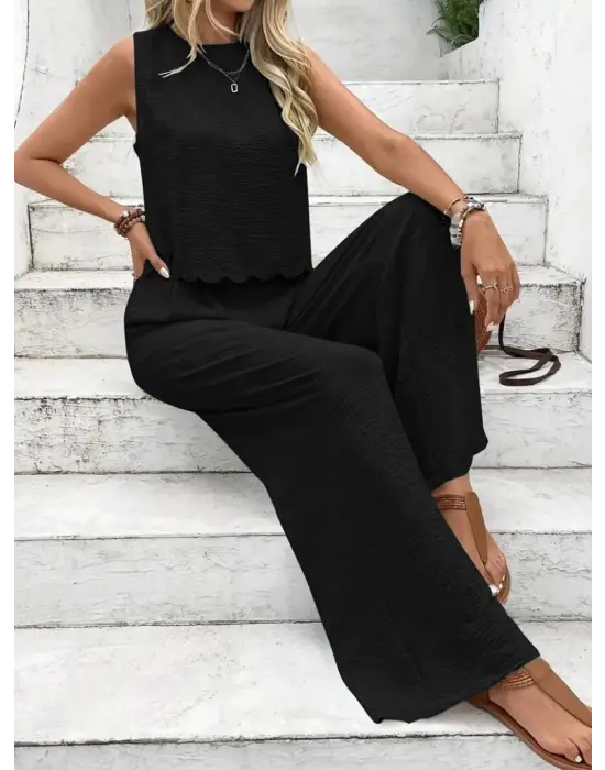 Kadın Sıfır Kollu Bisiklet Yaka Arkadan Bağlamalı Aer8bin Bluz Ve Pantolon Ikili Takım