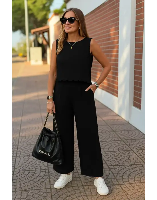 Kadın Sıfır Kollu Bisiklet Yaka Arkadan Bağlamalı Aer8bin Bluz Ve Pantolon Ikili Takım