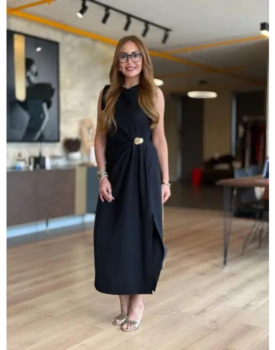 Kadın Sıfır Kollu Bisiklet Yaka Belden Büzgülü Yırtmaç Detaylı Janjan Krep Elbise