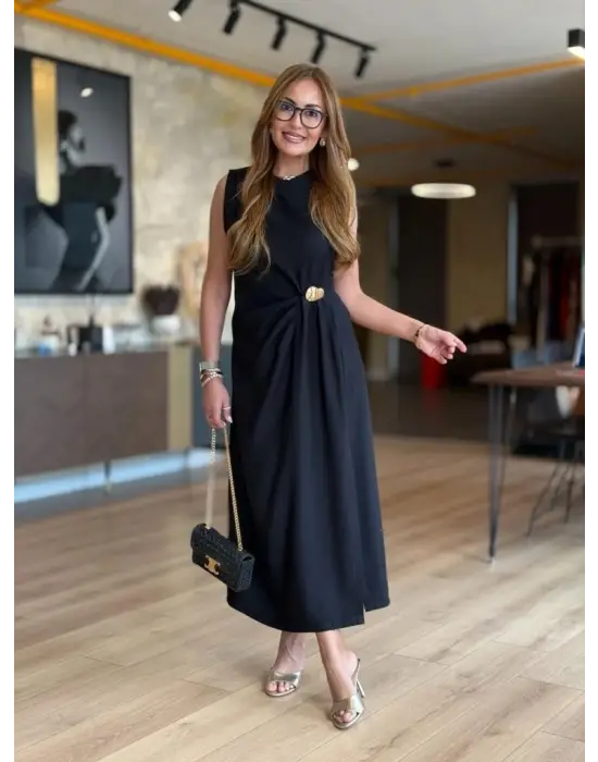 Kadın Sıfır Kollu Bisiklet Yaka Belden Büzgülü Yırtmaç Detaylı Janjan Krep Elbise