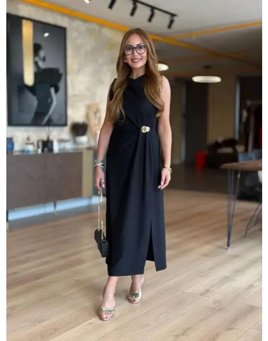 Kadın Sıfır Kollu Bisiklet Yaka Belden Büzgülü Yırtmaç Detaylı Janjan Krep Elbise