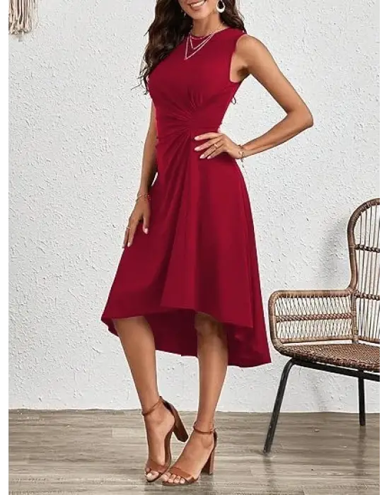 Kadın Sıfır Kollu Bisiklet Yaka Büzgülü Asimetrik Kesim Detaylı Janjan Krep Elbise
