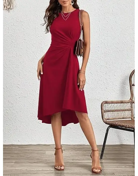 Kadın Sıfır Kollu Bisiklet Yaka Büzgülü Asimetrik Kesim Detaylı Janjan Krep Elbise