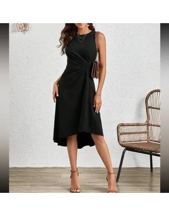 Kadın Sıfır Kollu Bisiklet Yaka Büzgülü Asimetrik Kesim Detaylı Janjan Krep Elbise