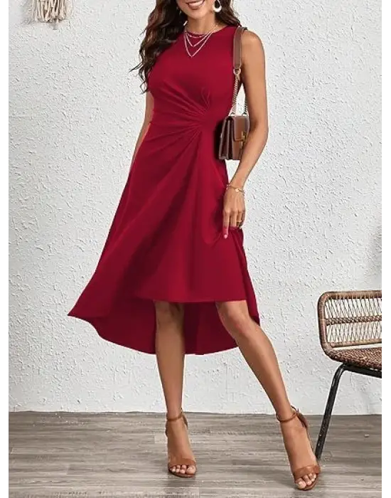 Kadın Sıfır Kollu Bisiklet Yaka Büzgülü Asimetrik Kesim Detaylı Janjan Krep Elbise