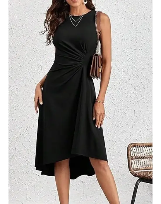 Kadın Sıfır Kollu Bisiklet Yaka Büzgülü Asimetrik Kesim Detaylı Janjan Krep Elbise