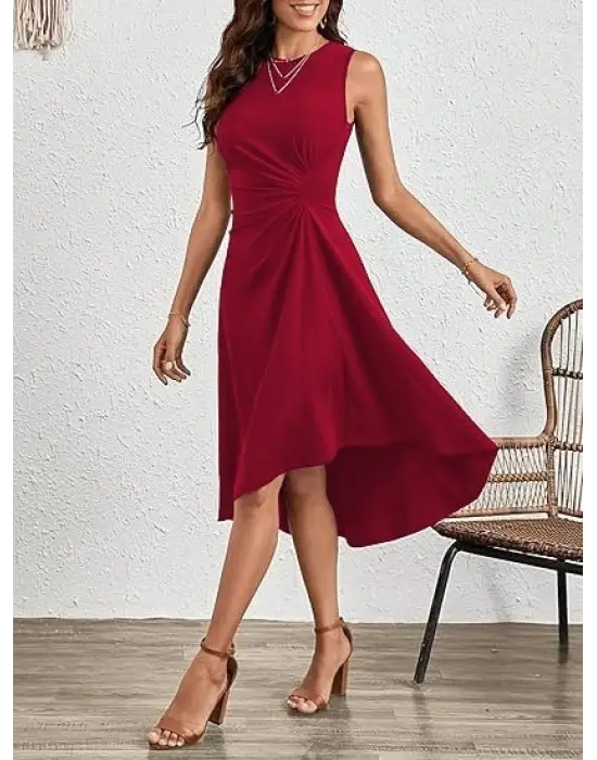 Kadın Sıfır Kollu Bisiklet Yaka Büzgülü Asimetrik Kesim Detaylı Janjan Krep Elbise