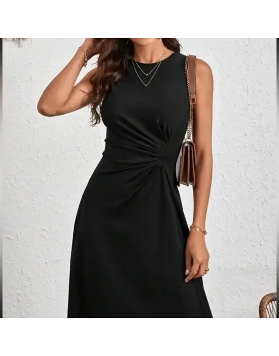 Kadın Sıfır Kollu Bisiklet Yaka Büzgülü Asimetrik Kesim Detaylı Janjan Krep Elbise