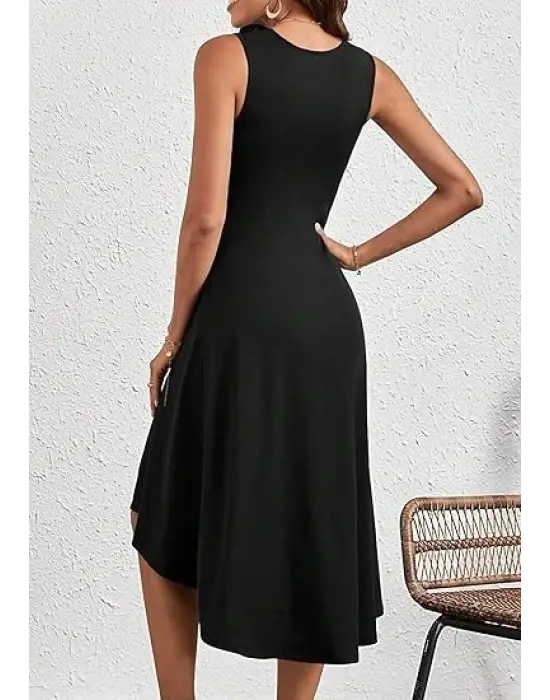 Kadın Sıfır Kollu Bisiklet Yaka Büzgülü Asimetrik Kesim Detaylı Janjan Krep Elbise