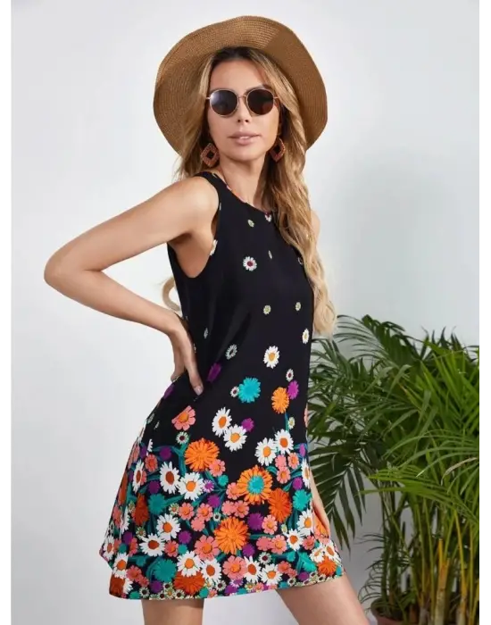 Kadın Sıfır Kollu Bisiklet Yaka çiçek Desenli Süprem Mini Elbise