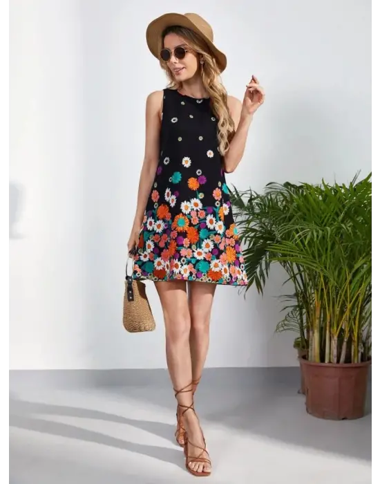 Kadın Sıfır Kollu Bisiklet Yaka çiçek Desenli Süprem Mini Elbise