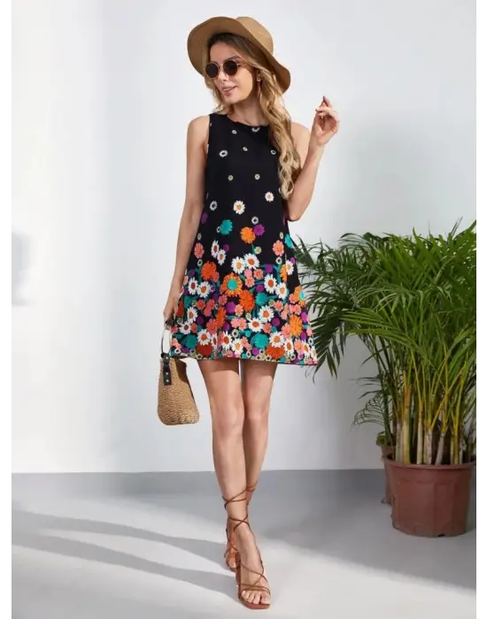 Omarı Çiçek Desenli Sıfır Kollu Mini Elbise
