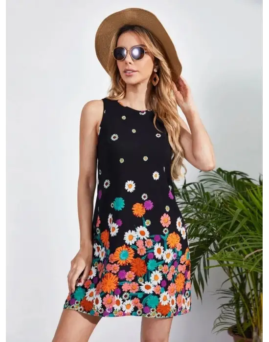 Omarı Çiçek Desenli Sıfır Kollu Mini Elbise