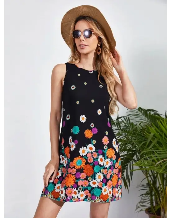 Omarı Çiçek Desenli Sıfır Kollu Mini Elbise