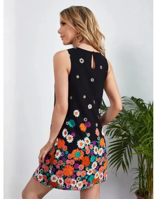 Omarı Çiçek Desenli Sıfır Kollu Mini Elbise