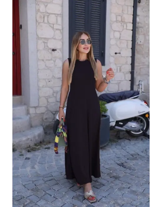 Kadın Sıfır Kollu Bisiklet Yaka Viskon Elbise