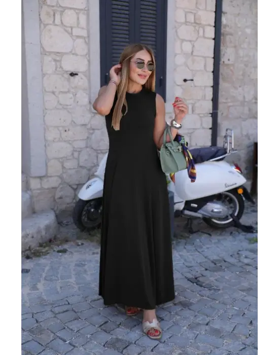 Kadın Sıfır Kollu Bisiklet Yaka Viskon Elbise