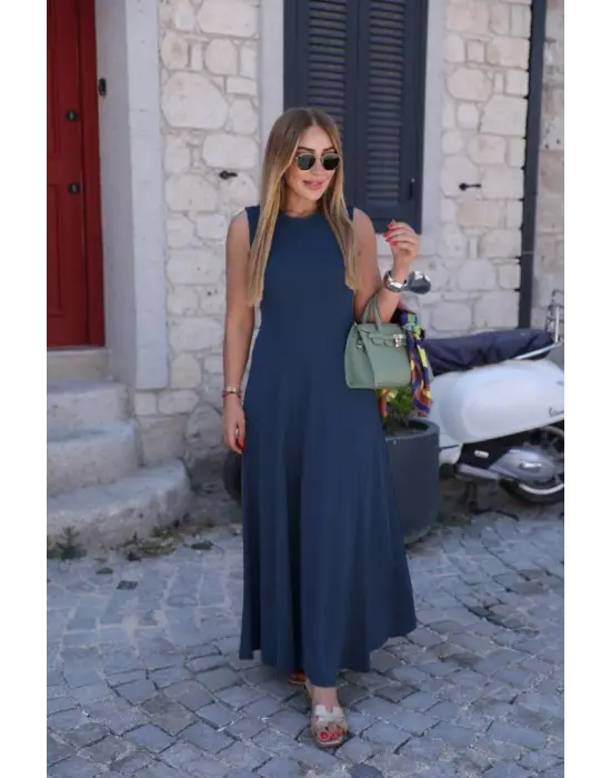 Kadın Sıfır Kollu Bisiklet Yaka Viskon Elbise