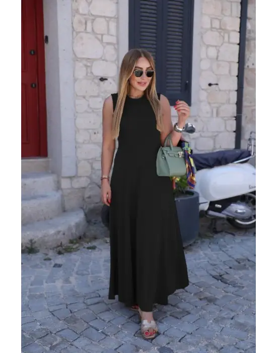 Kadın Sıfır Kollu Bisiklet Yaka Viskon Elbise