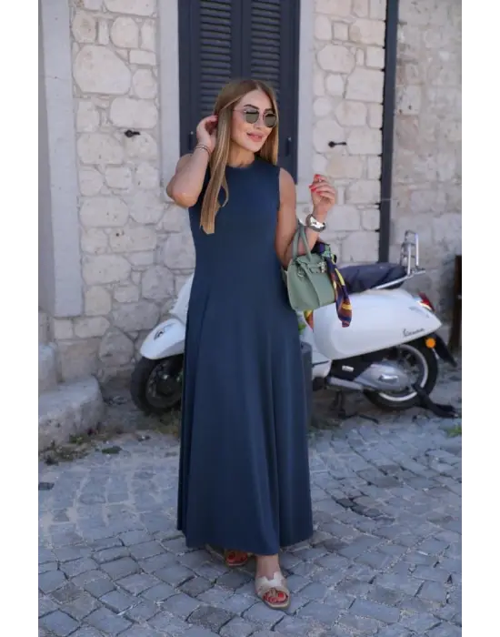 Kadın Sıfır Kollu Bisiklet Yaka Viskon Elbise