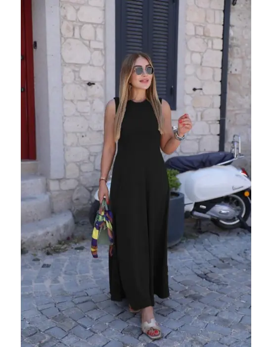 Kadın Sıfır Kollu Bisiklet Yaka Viskon Elbise