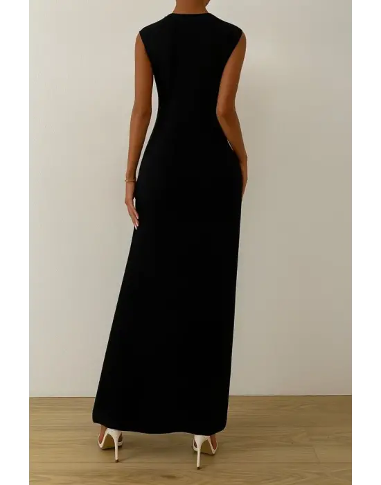 Kadın Sıfır Kollu Bisiklet Yaka Yandan Büzgü Detaylı Viskon Elbise